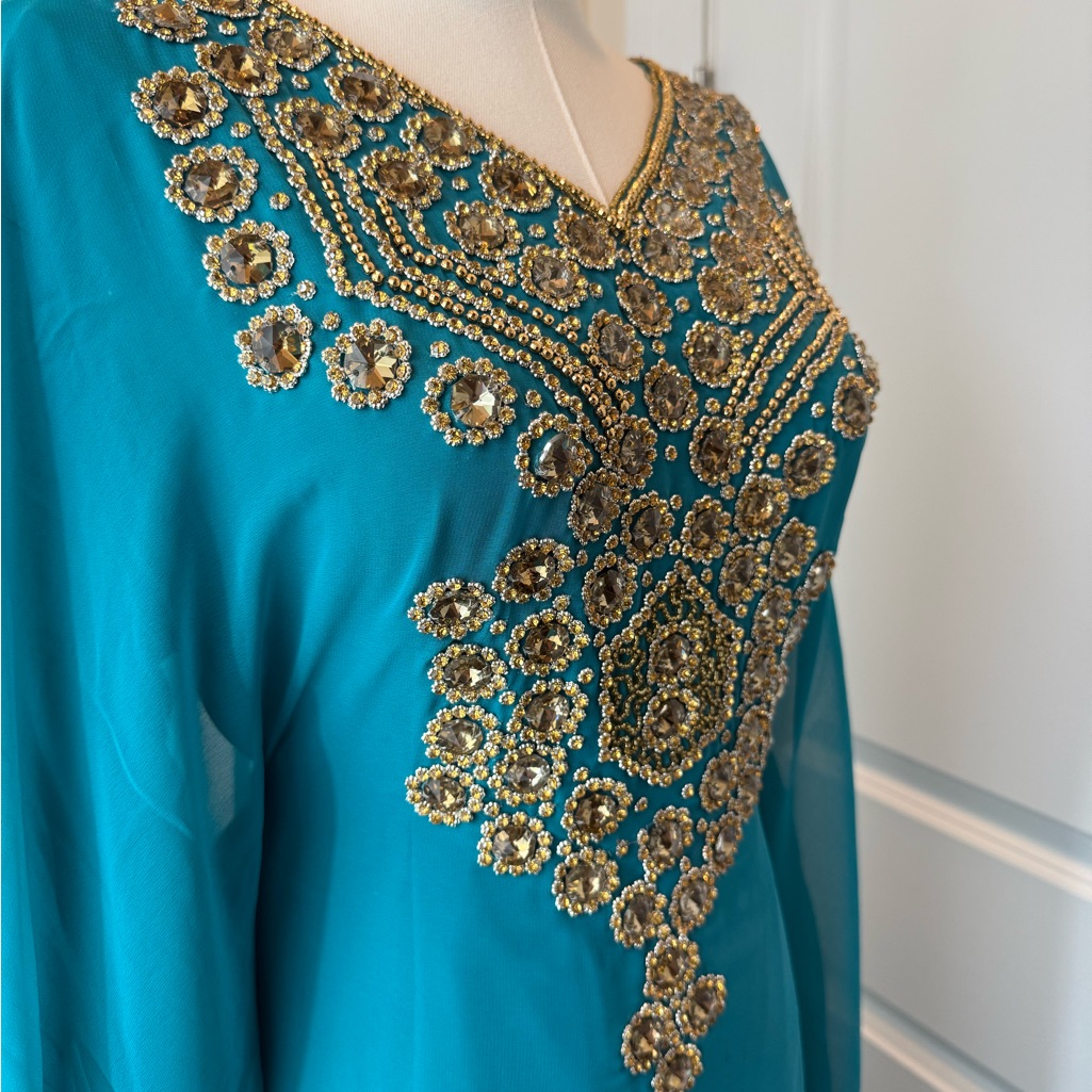 Elegant Teal Long Sleeve Dress With Gold Embellishments